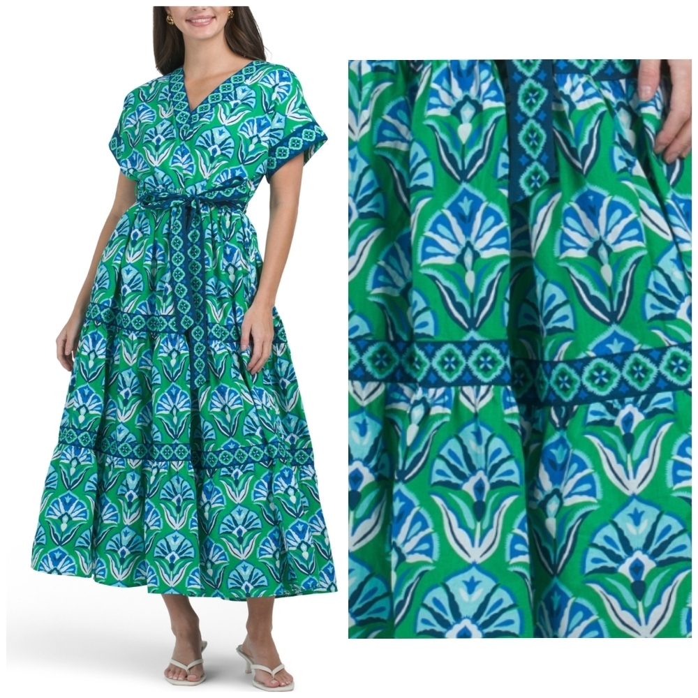 Printfresh Atlantic Maxi Dress Geo Floral Puff Sleeve Tiered Belted